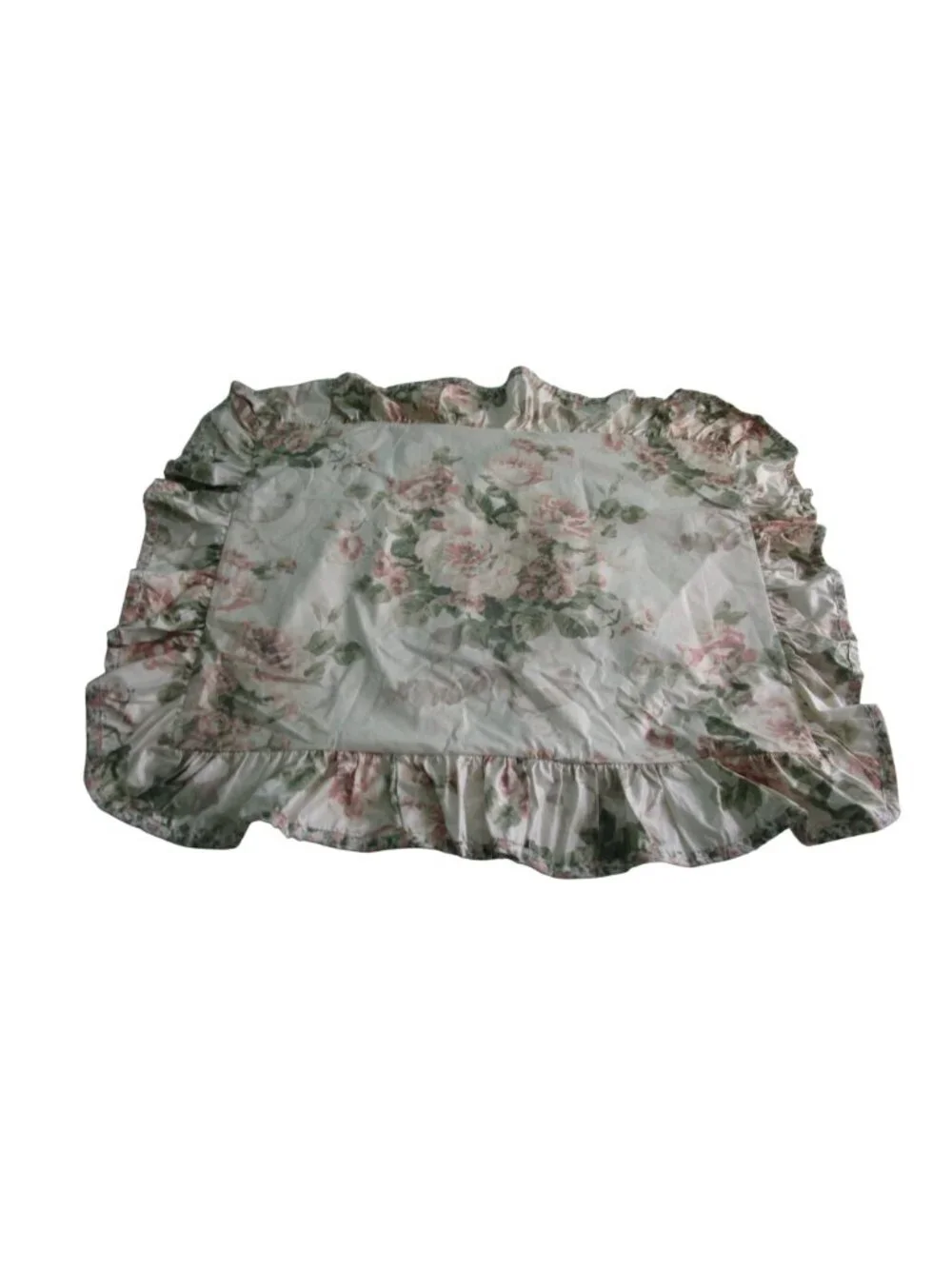 Chintz Floral Ruffled Pillow Sham Standard  Vintage Cottagecore Style Cotton Ble
